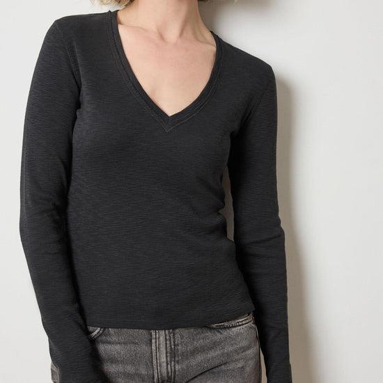 Rib Slub Long Sleeve V-Neck Womens Top Black A1