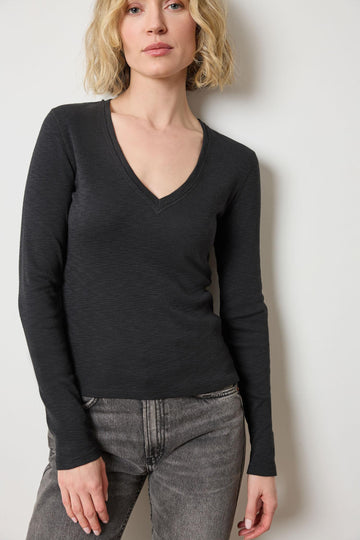 Rib Slub Long Sleeve V-Neck Womens Top Black A1