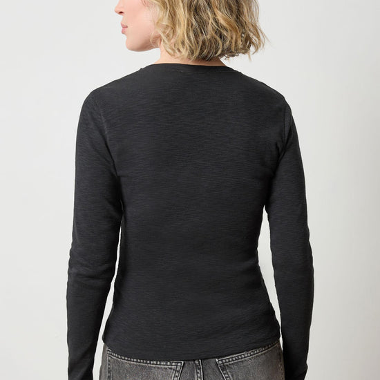 Rib Slub Long Sleeve V-Neck Womens Top Black A2