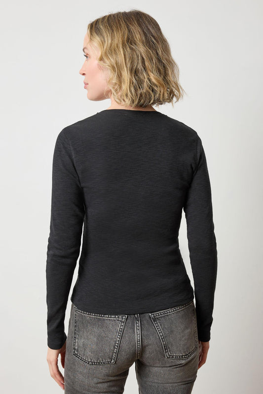 Rib Slub Long Sleeve V-Neck Womens Top Black A2
