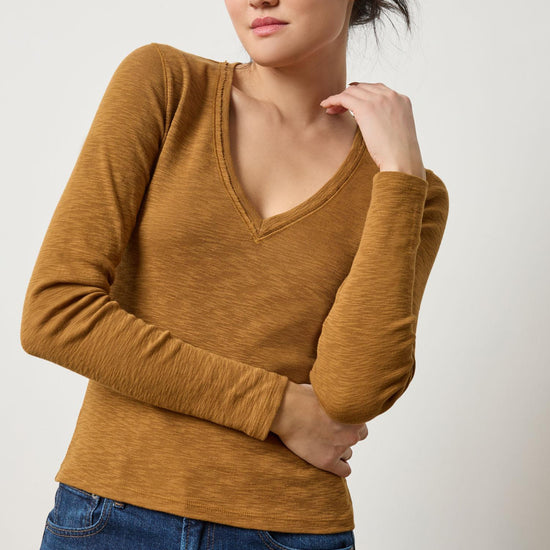 Rib Slub Long Sleeve V-Neck Womens Top Dijon A1