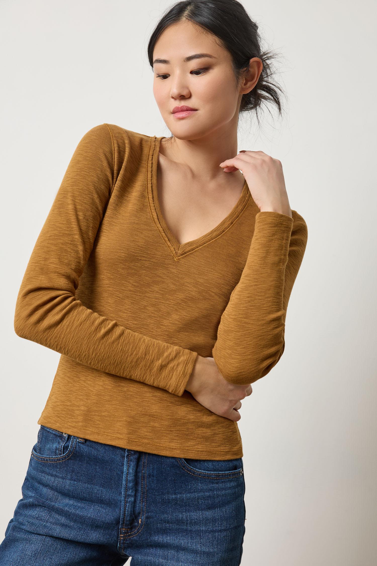 Rib Slub Long Sleeve V-Neck Womens Top Dijon A1