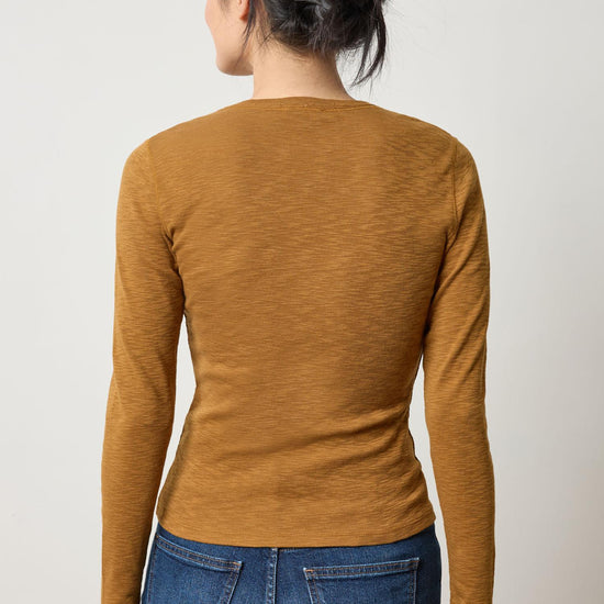 Rib Slub Long Sleeve V-Neck Womens Top Dijon A2