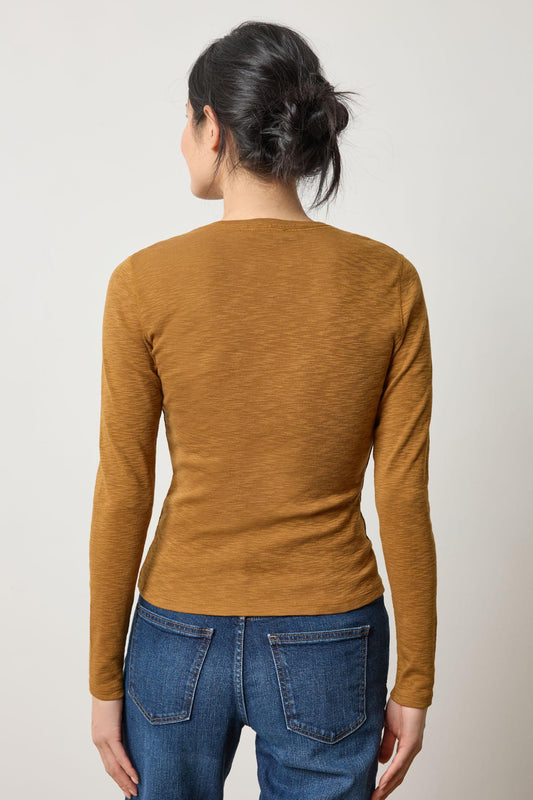 Rib Slub Long Sleeve V-Neck Womens Top Dijon A2