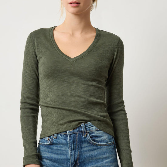Rib Slub Long Sleeve V-Neck Womens Top Lichen A1