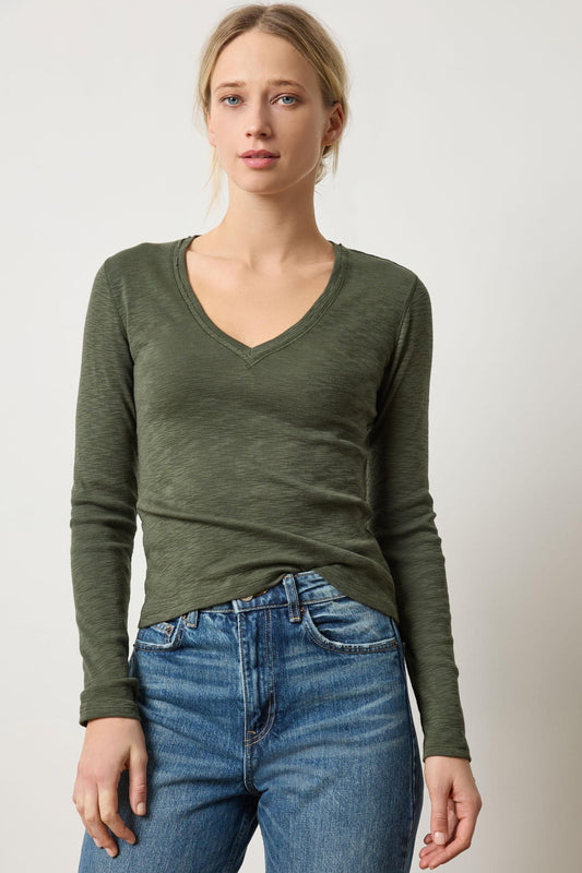 Rib Slub Long Sleeve V-Neck Womens Top Lichen A1
