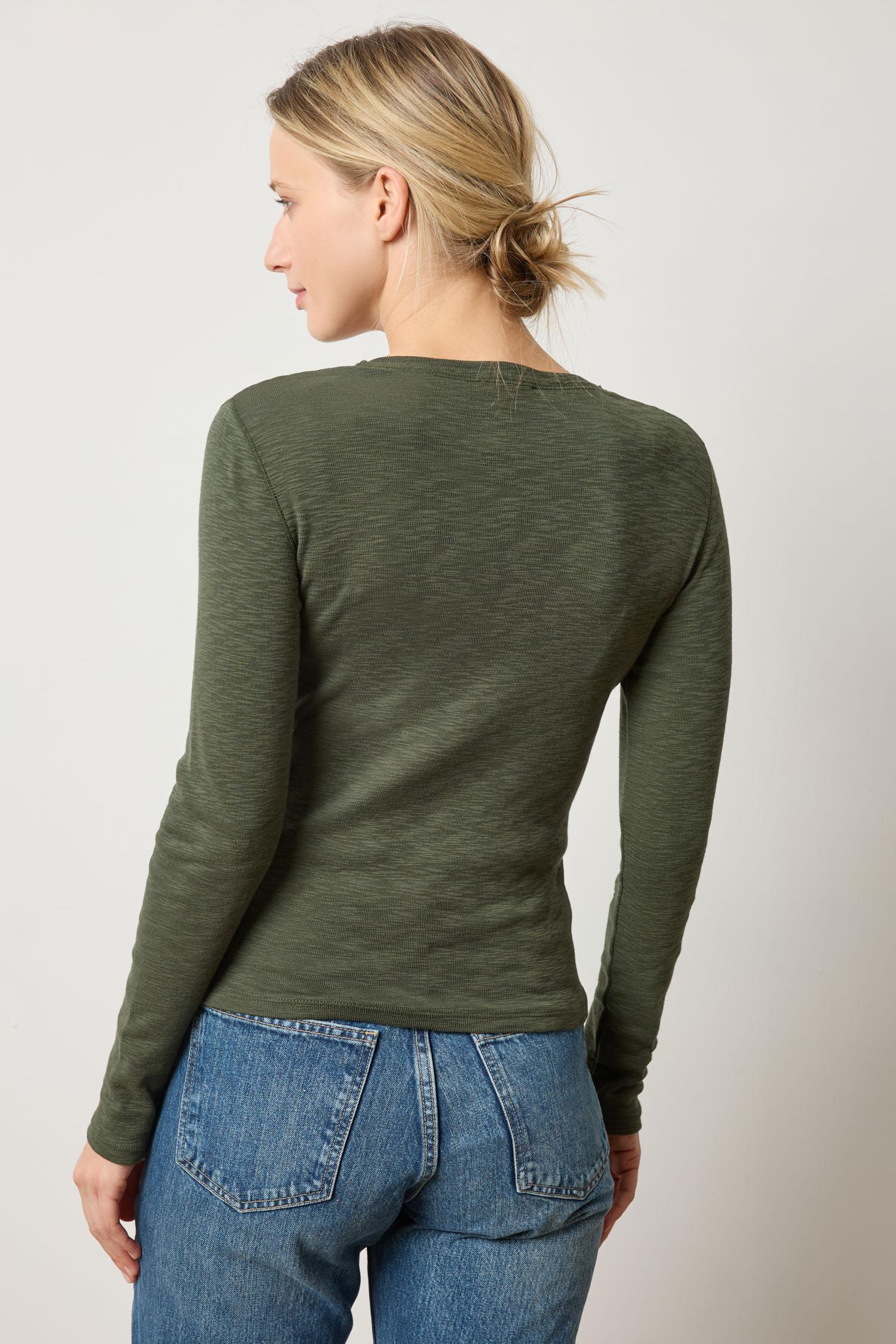 Rib Slub Long Sleeve V-Neck Womens Top Lichen A2