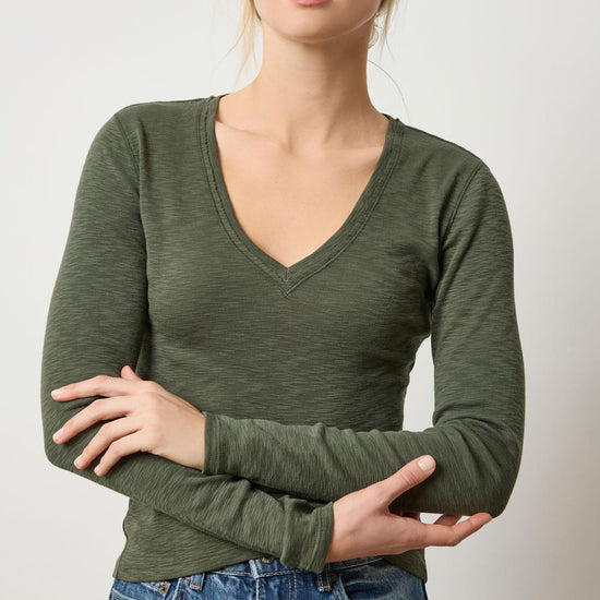 Rib Slub Long Sleeve V-Neck Womens Top Lichen A3