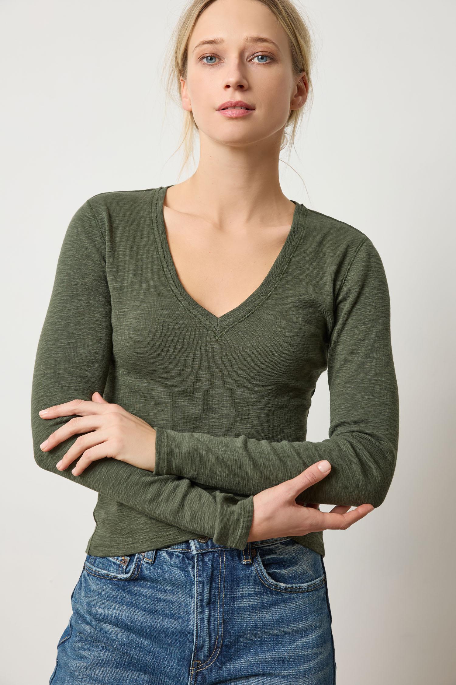 Rib Slub Long Sleeve V-Neck Womens Top Lichen A3