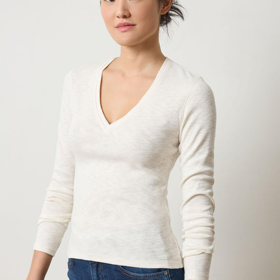 Rib Slub Long Sleeve V-Neck Womens Top Talc A1