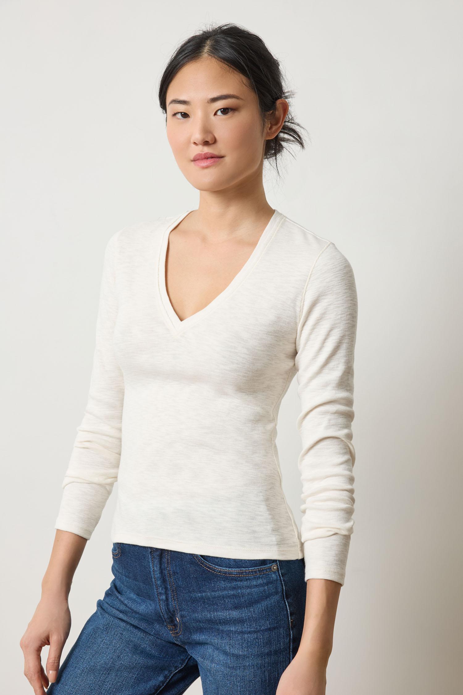 Rib Slub Long Sleeve V-Neck Womens Top Talc A1