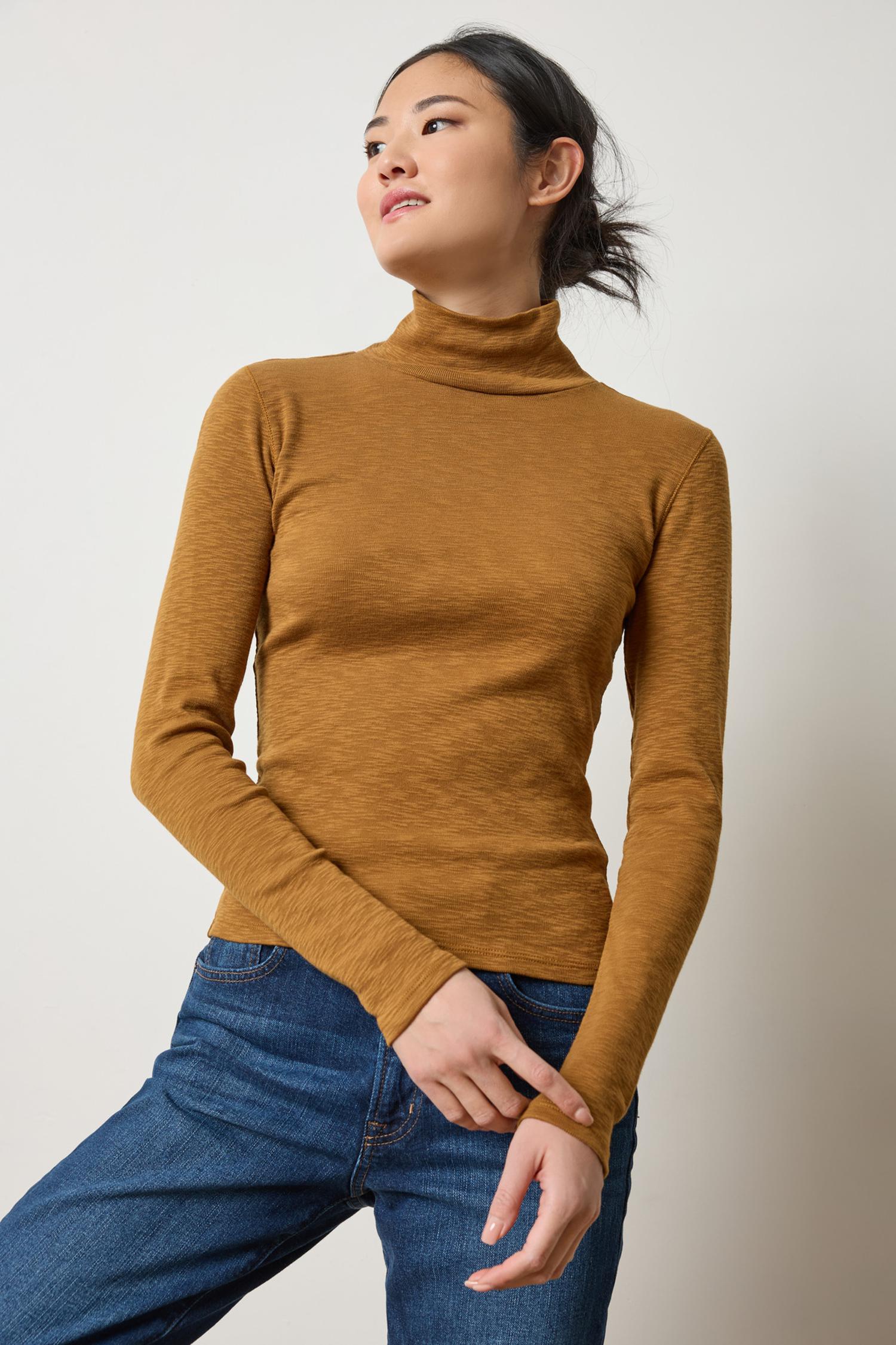 Rib Slub Turtleneck Womens Top Dijon A1