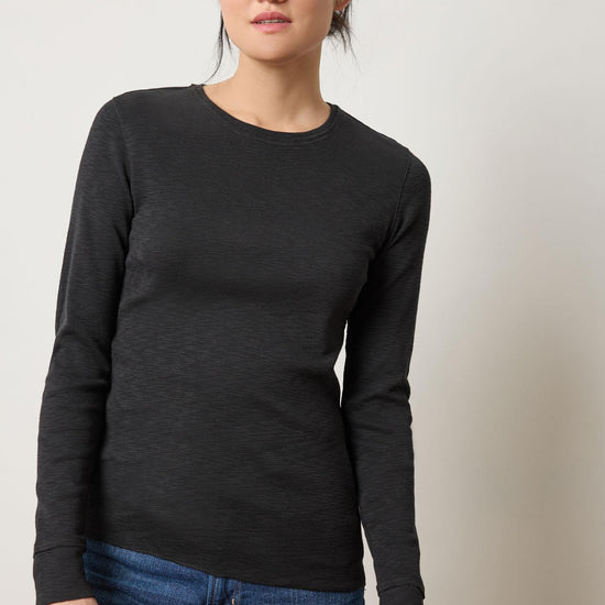 Rib Slub Long Sleeve V-Neck Womens Top Black A1