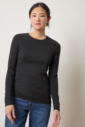 Rib Slub Long Sleeve V-Neck Womens Top Black A1