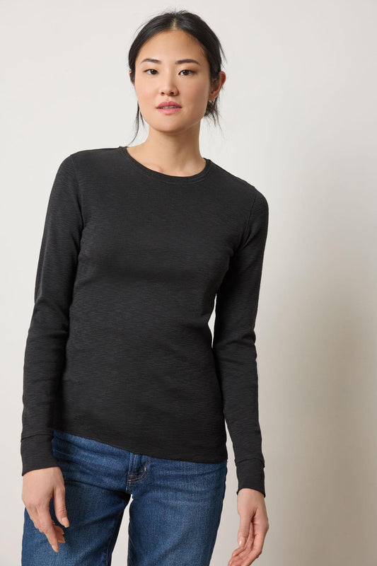 Rib Slub Long Sleeve V-Neck Womens Top Black A1