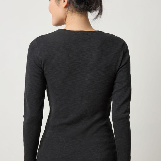 Rib Slub Long Sleeve V-Neck Womens Top Black A2