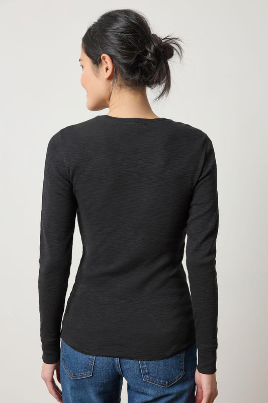 Rib Slub Long Sleeve V-Neck Womens Top Black A2