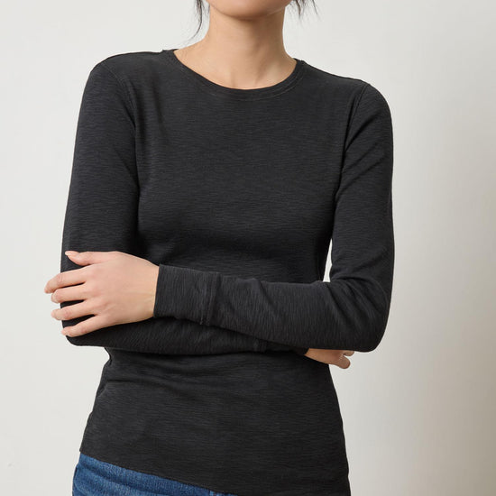 Rib Slub Long Sleeve V-Neck Womens Top Black A3