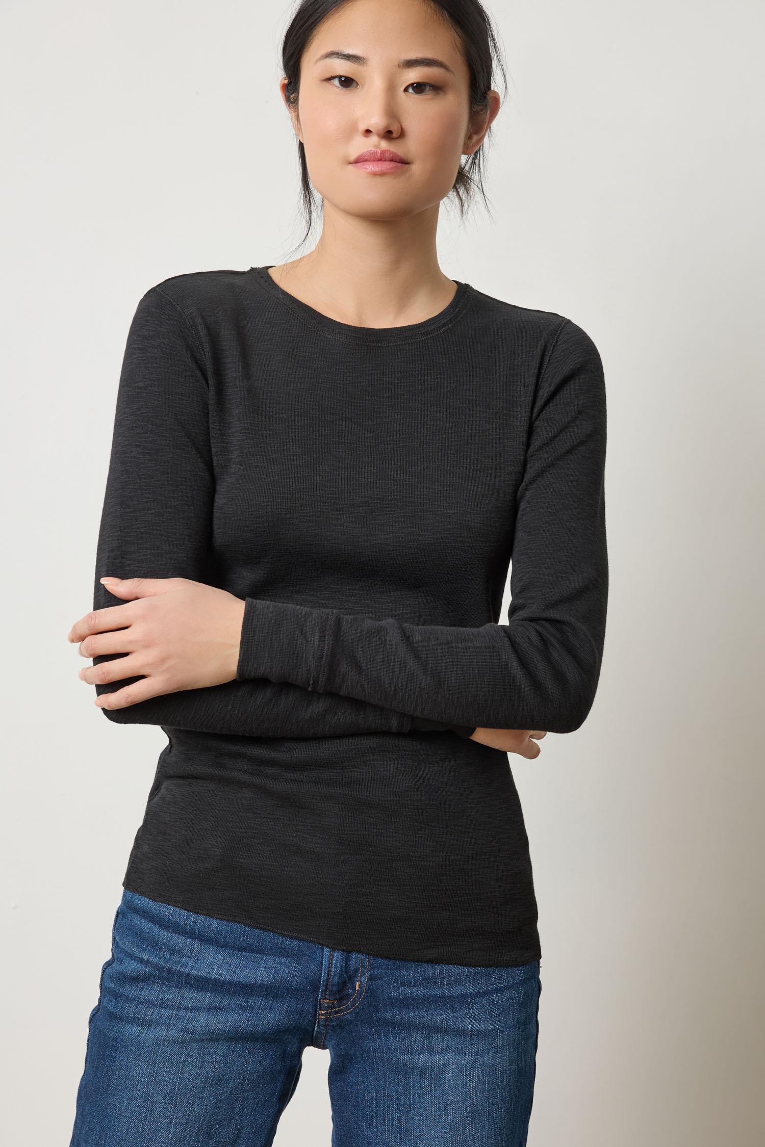 Rib Slub Long Sleeve V-Neck Womens Top Black A3