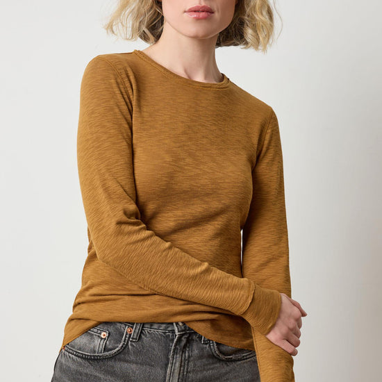 Rib Slub Long Sleeve V-Neck Womens Top Dijon A1