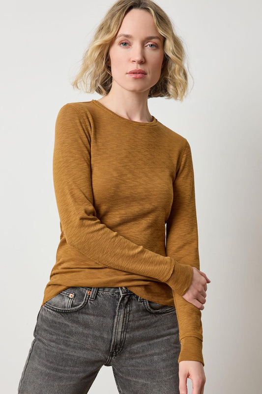 Rib Slub Long Sleeve V-Neck Womens Top Dijon A1