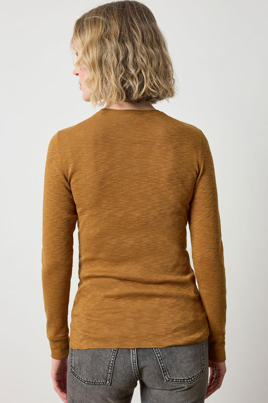 Rib Slub Long Sleeve V-Neck Womens Top Dijon A2