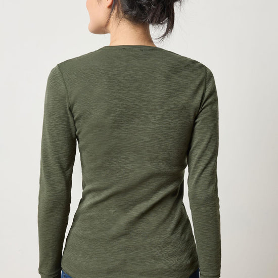 Rib Slub Long Sleeve V-Neck Womens Top Lichen A2