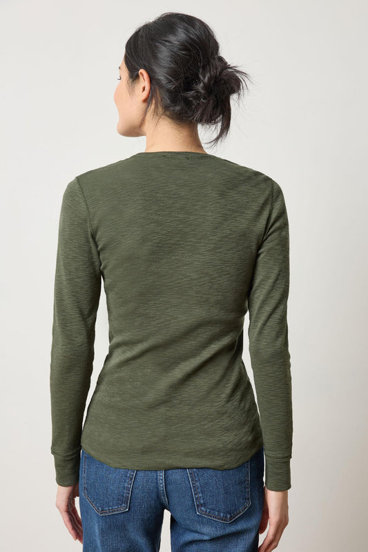 Rib Slub Long Sleeve V-Neck Womens Top Lichen A2