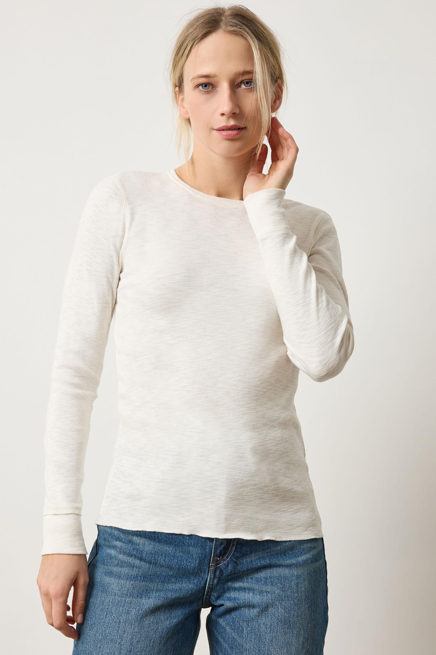 Rib Slub Long Sleeve V-Neck Womens Top Talc A1
