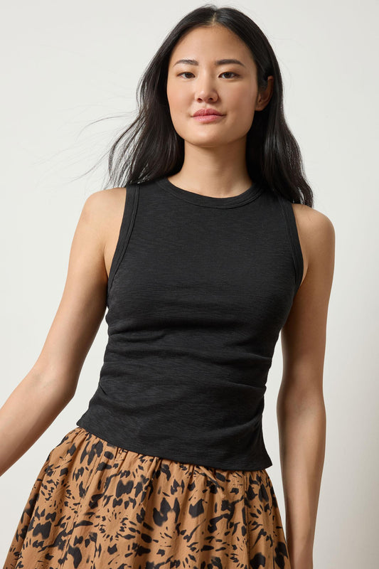 Rib Slub Side Pleat Tank in color Black Image A1