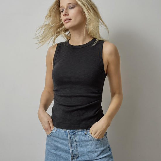 Rib Slub Side Pleat Tank in color Black Image C1