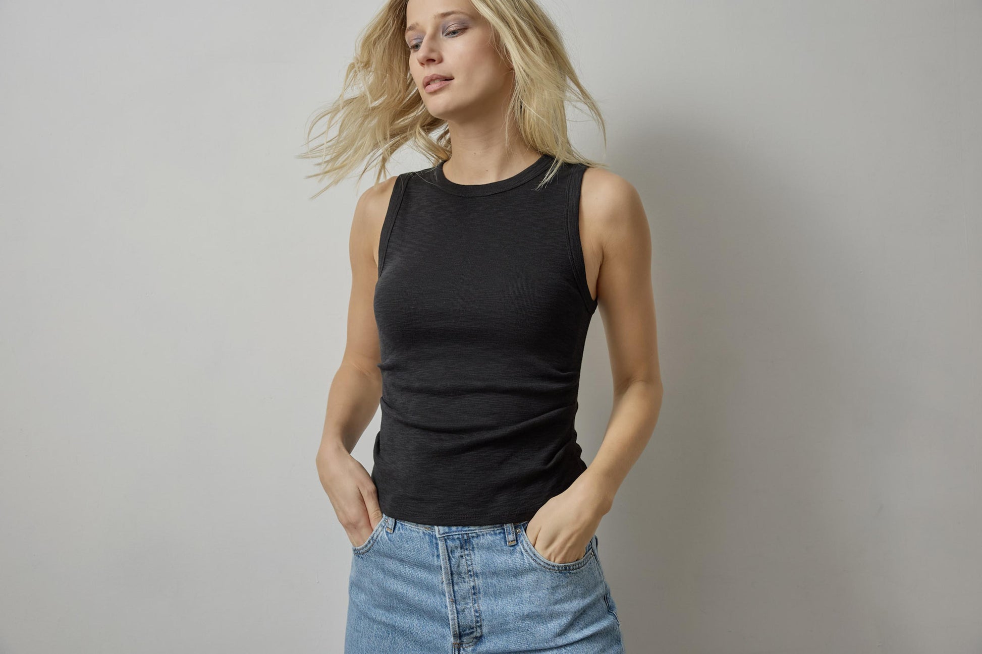 Rib Slub Side Pleat Tank in color Black Image C1