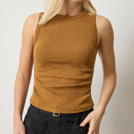 Rib Slub Side Pleat Tank in color Dijon Image A1