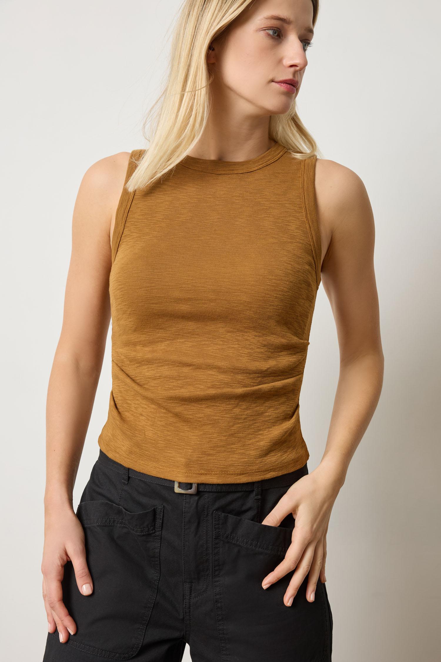 Rib Slub Side Pleat Tank in color Dijon Image A1