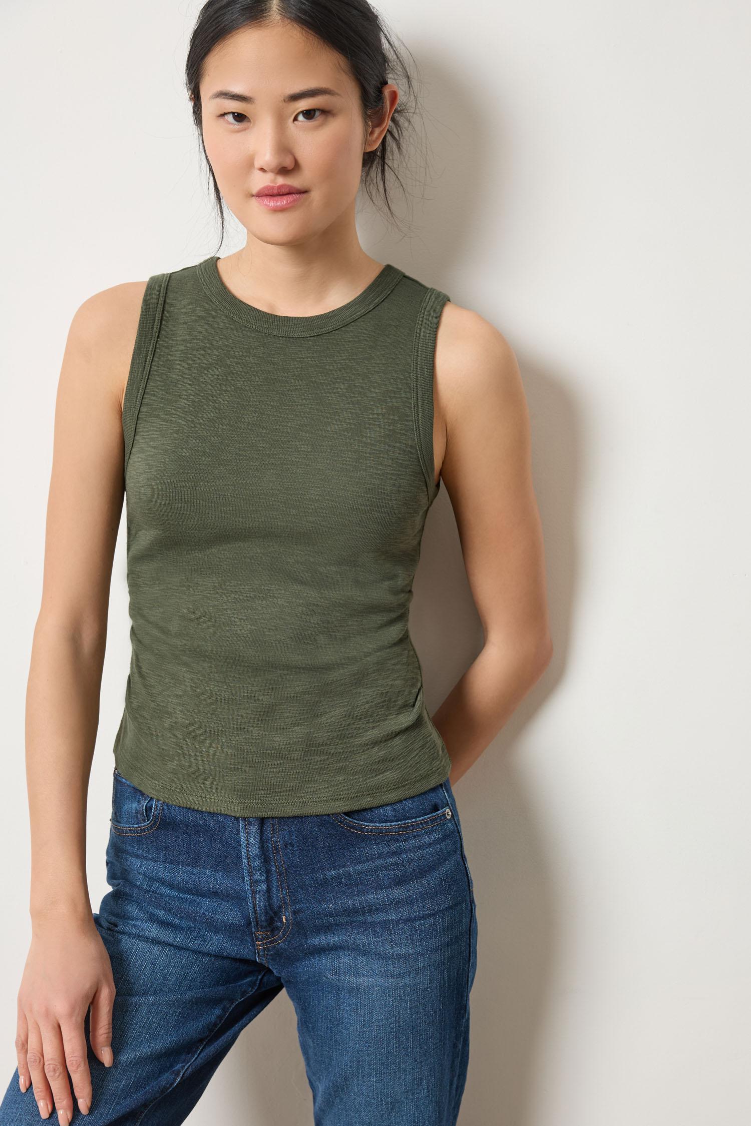 Rib Slub Side Pleat Tank in color Lichen Image A3