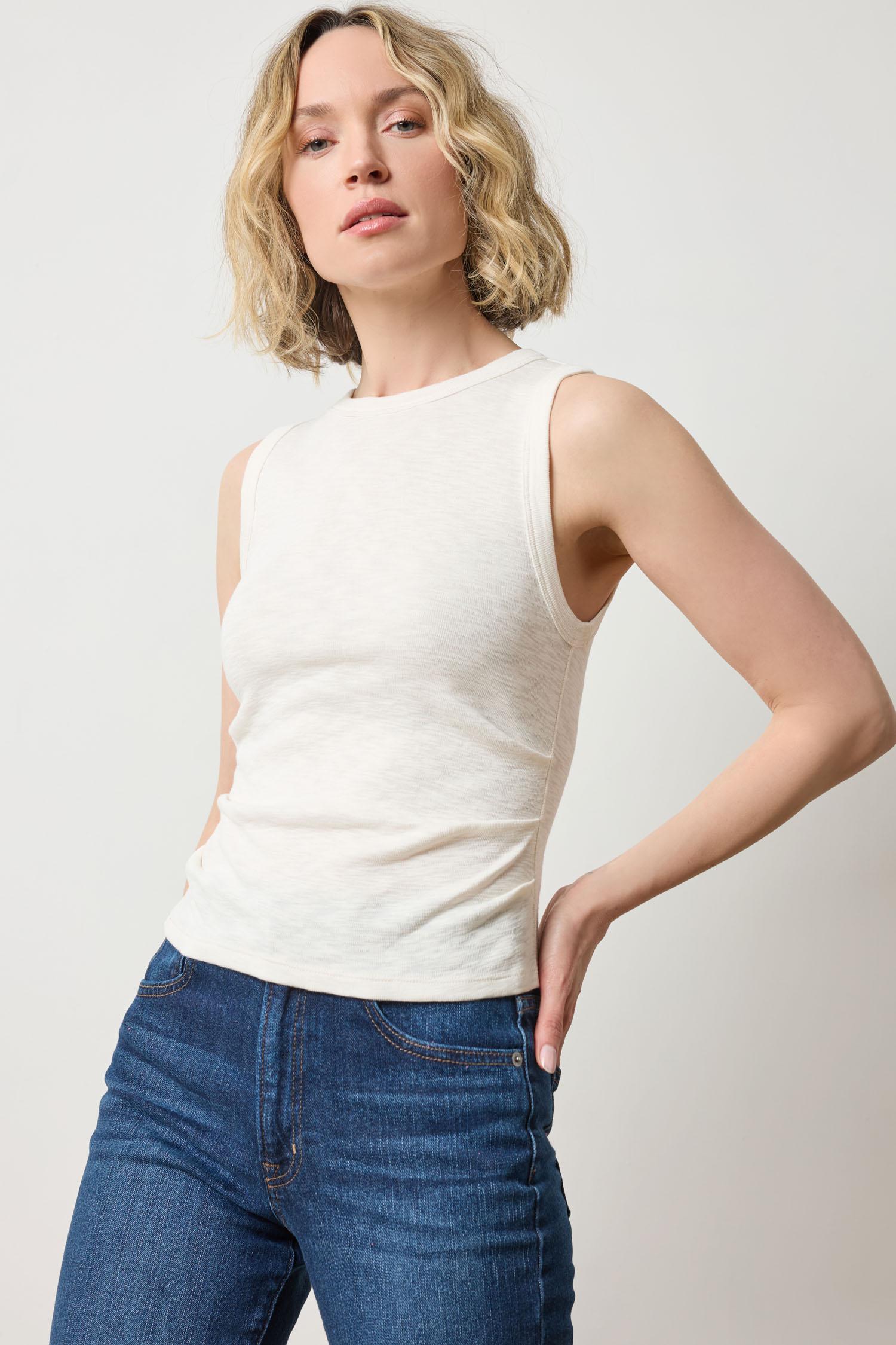 Rib Slub Side Pleat Tank in color Talc Image A1