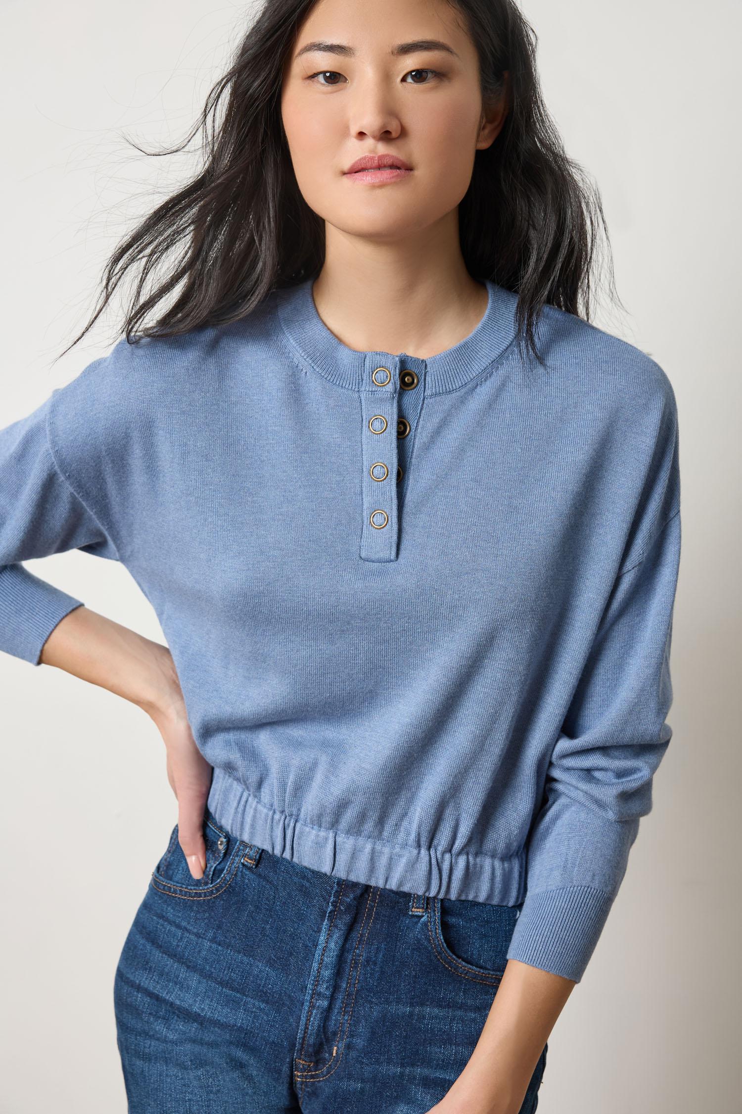 Elastic Waist Henley Sweater Womens Sweater Bluebell A1