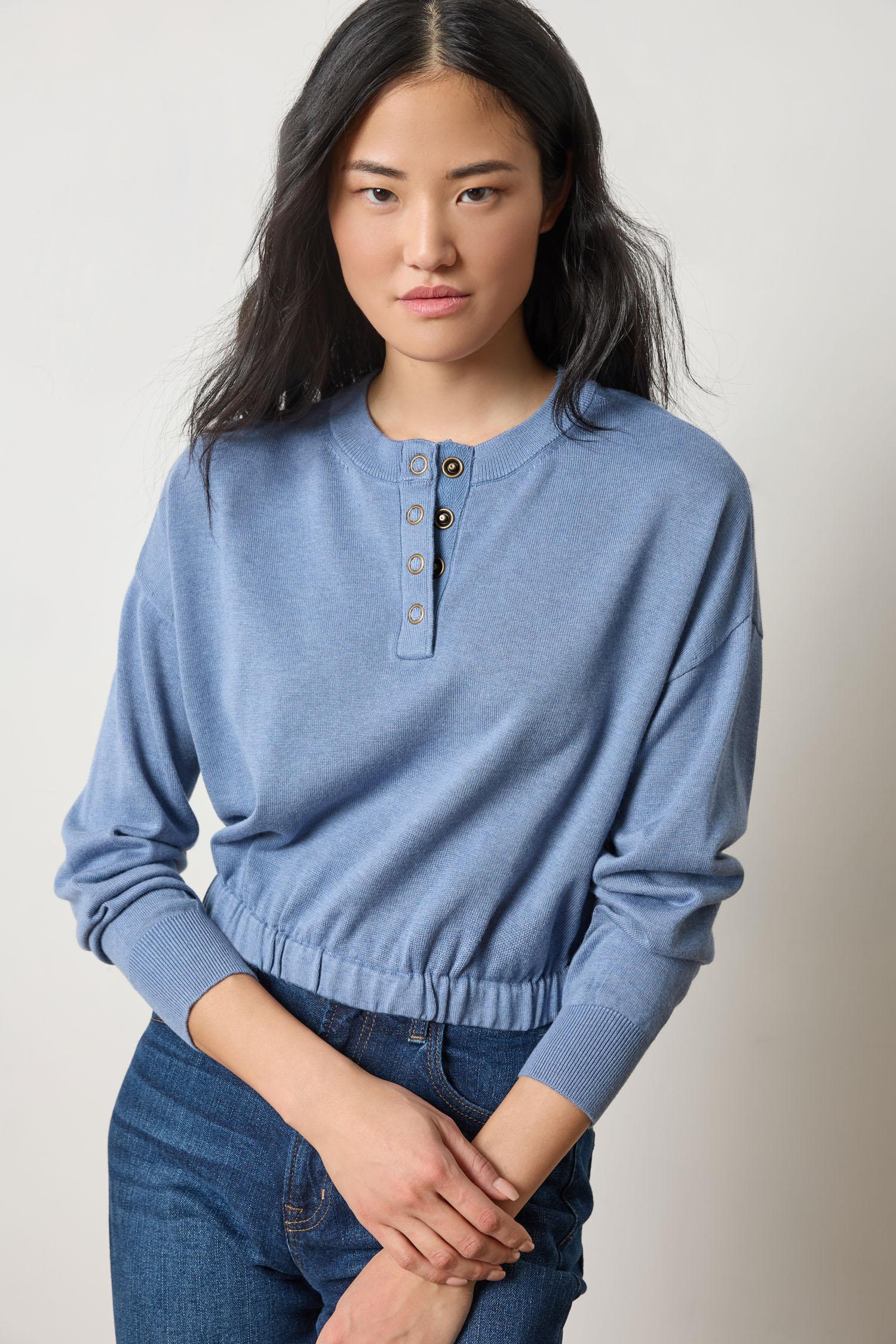 Elastic Waist Henley Sweater Womens Sweater Bluebell A3