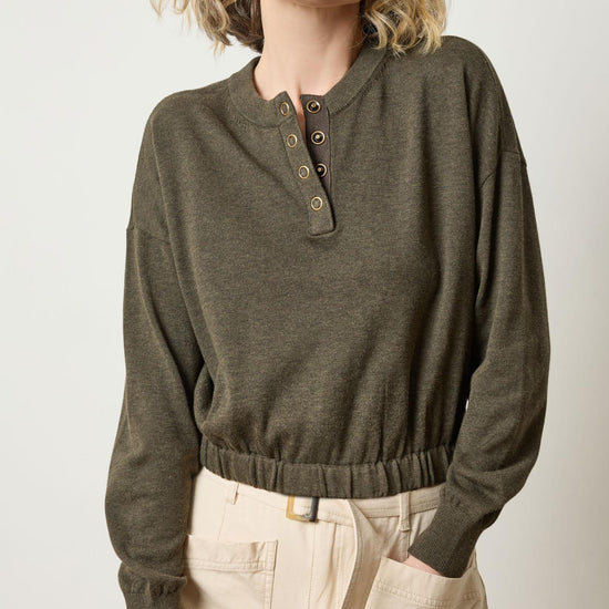 Elastic Waist Henley Sweater Womens Sweater Fir A1