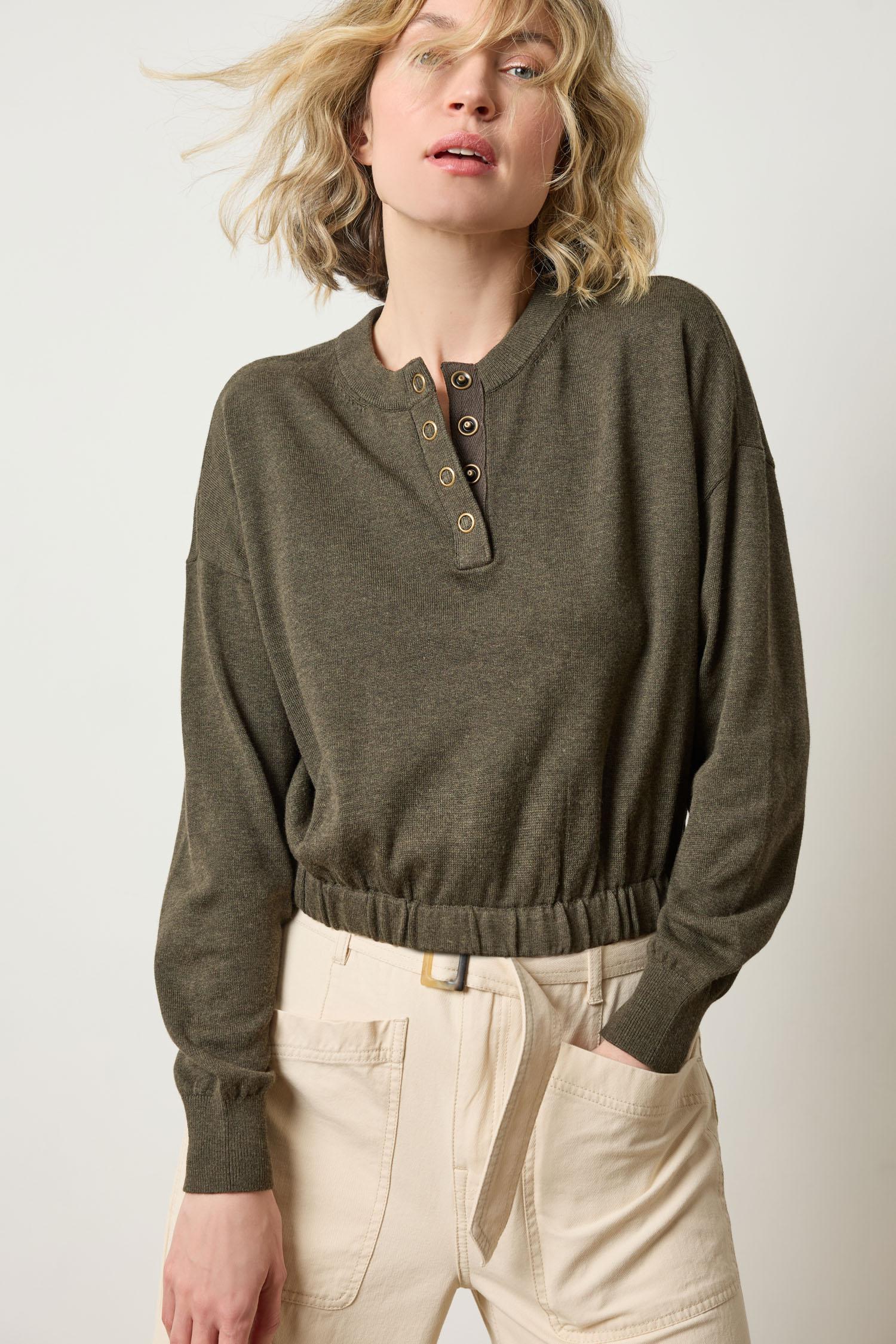 Elastic Waist Henley Sweater Womens Sweater Fir A1