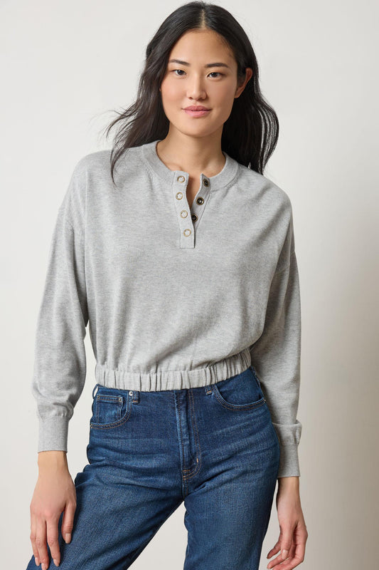 Elastic Waist Henley Sweater Womens Sweater Heather Grey A1