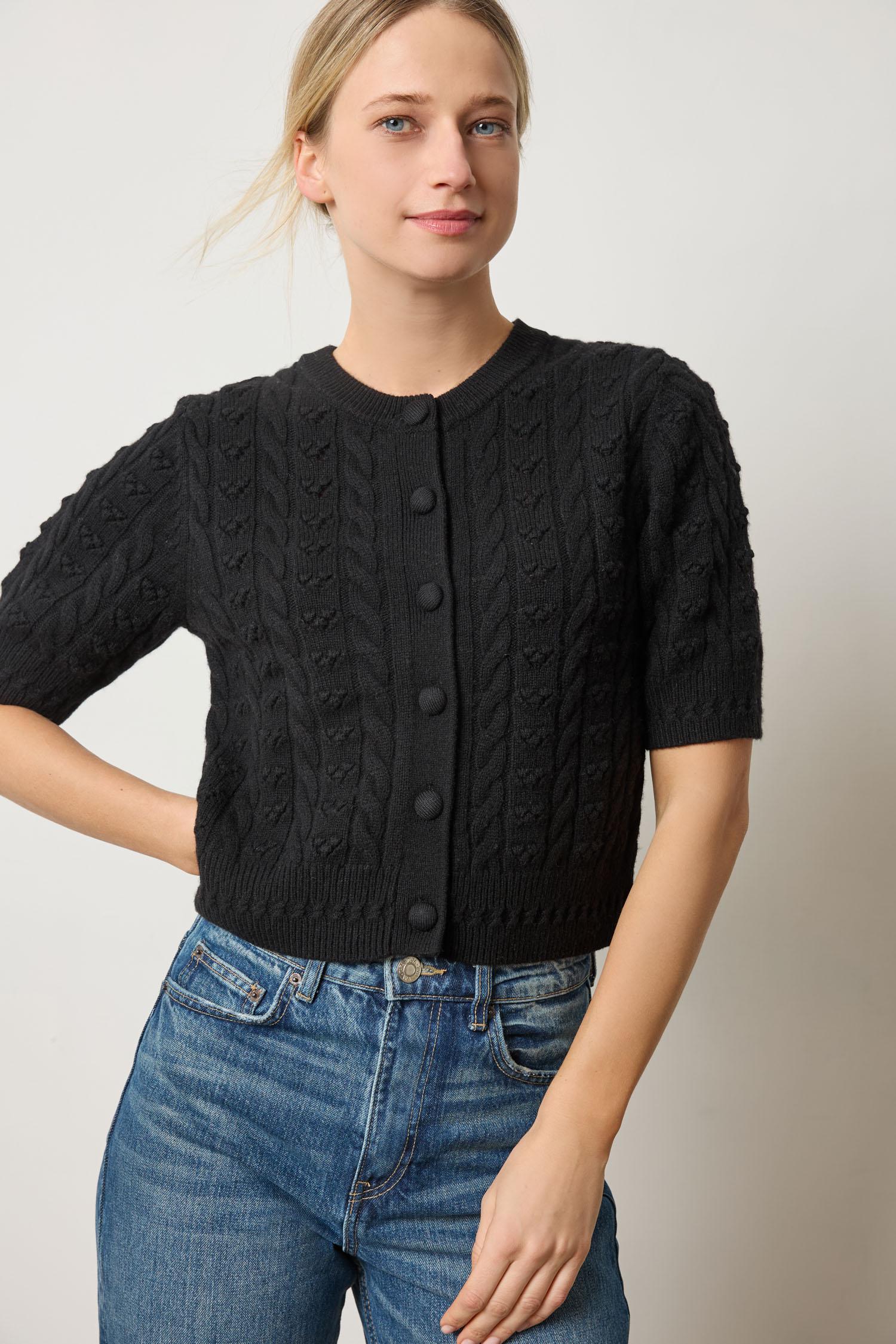 Short Sleeve Cardigan Sweater Womens Sweater Black A1