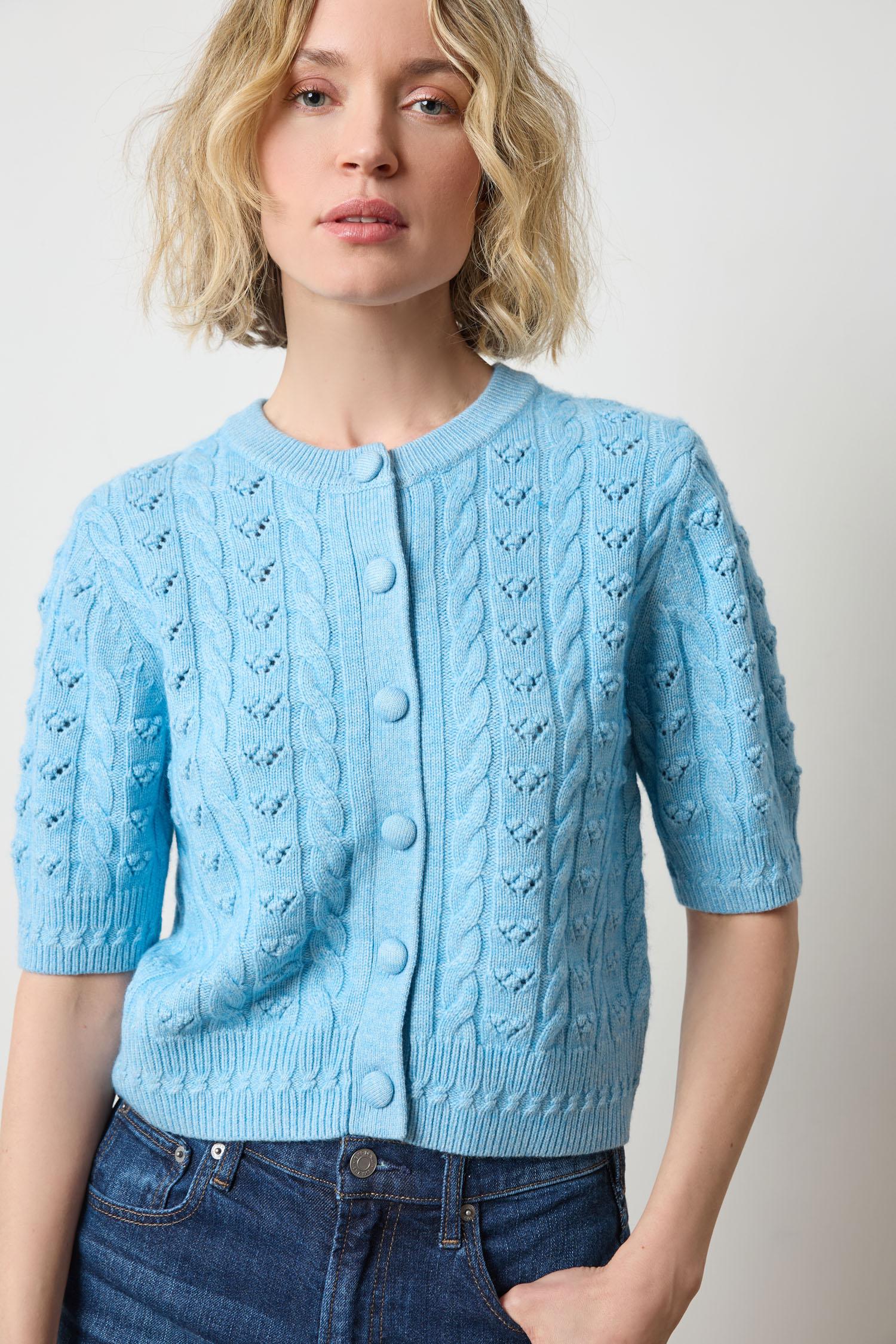 Short Sleeve Cardigan Sweater Womens Sweater Mystic Blue A1