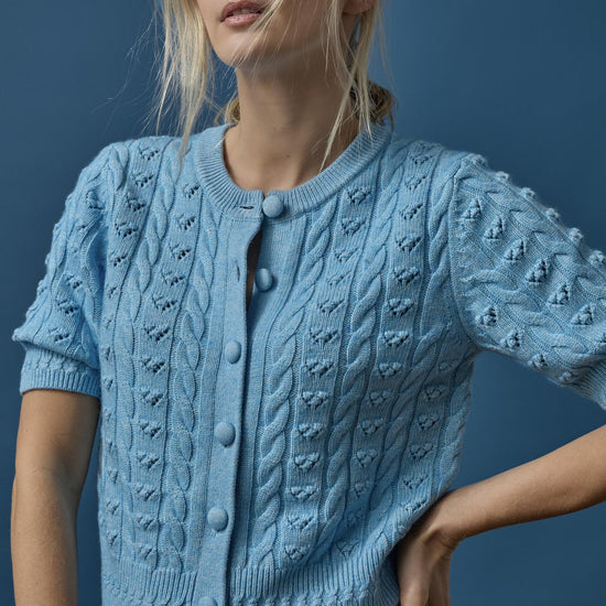 Short Sleeve Cardigan Sweater in color Mystic Blue Image C1