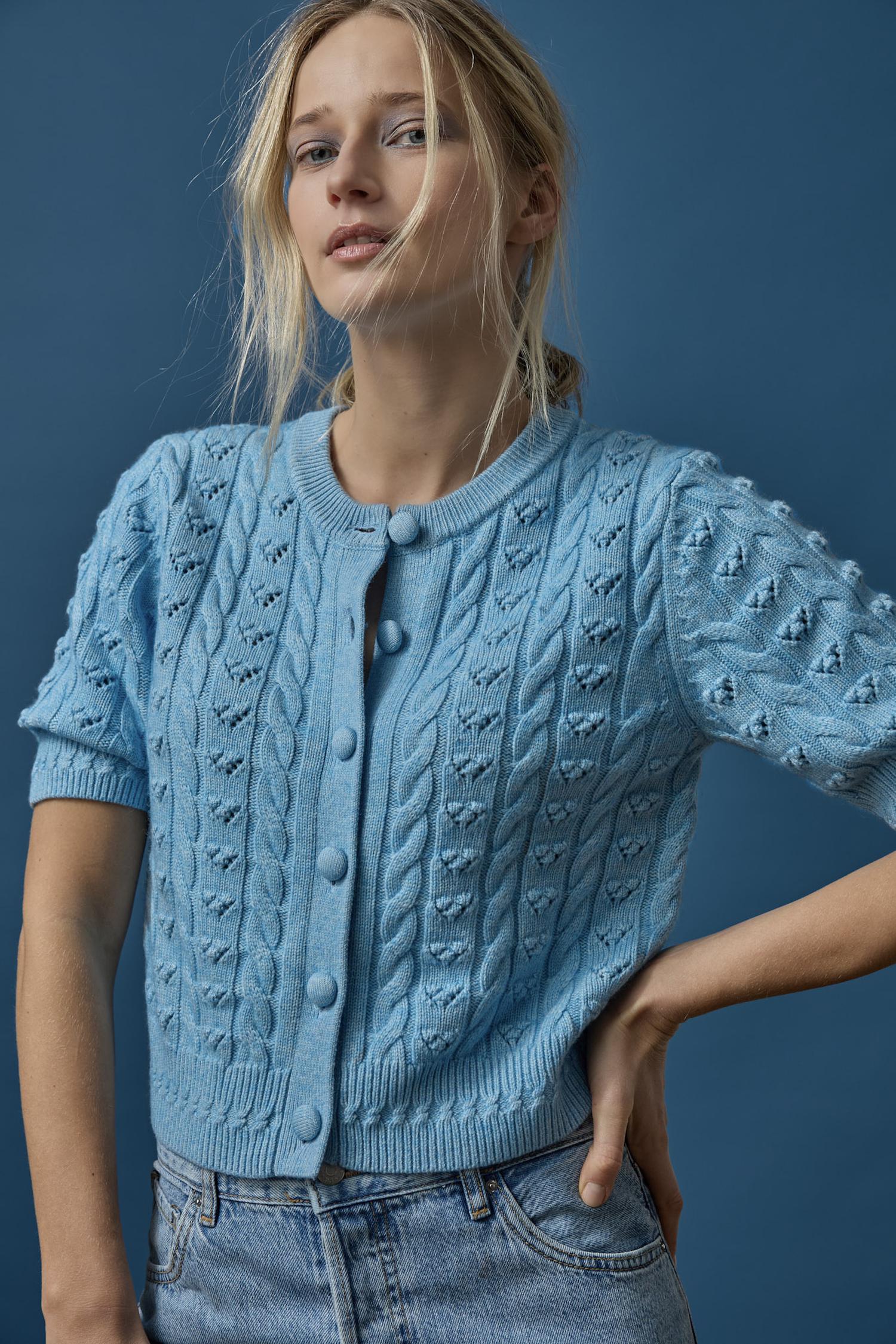 Short Sleeve Cardigan Sweater in color Mystic Blue Image C1