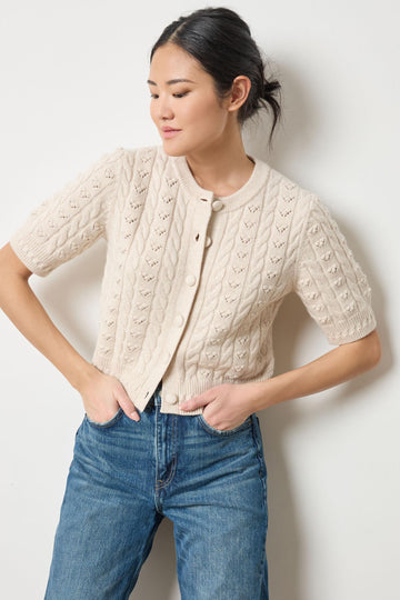Short Sleeve Cardigan Sweater in color Oat Image A1