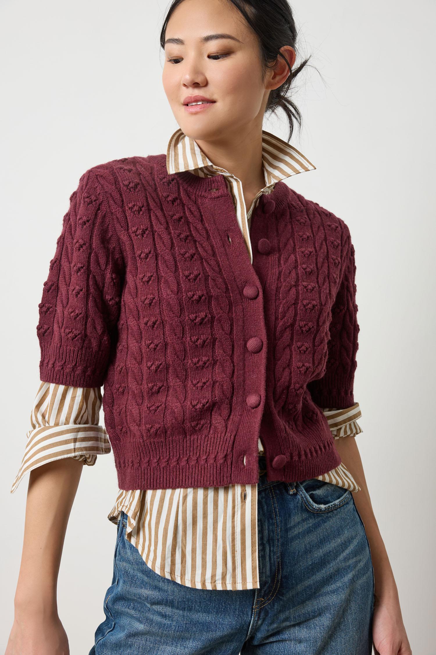 Short Sleeve Cardigan Sweater Womens Sweater Plum A4