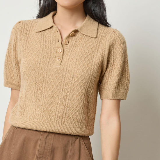 Mixed Stitch Elbow Sleeve Polo Womens Sweater Birch A1