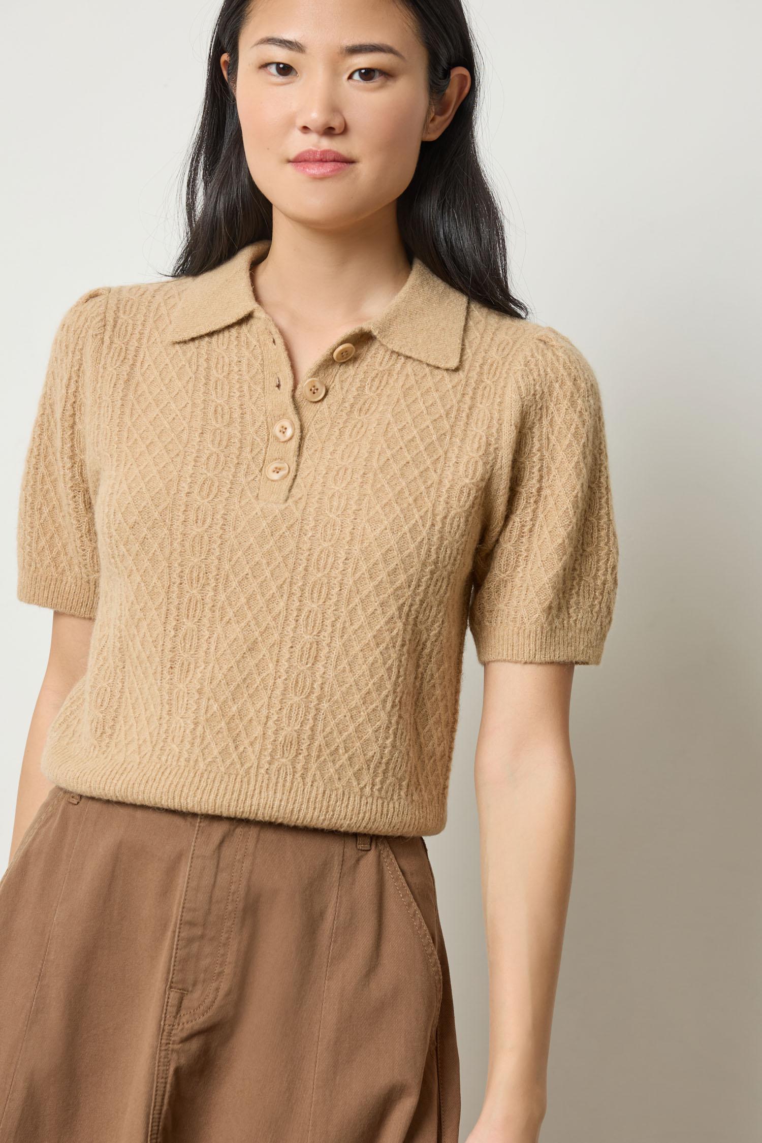 Mixed Stitch Elbow Sleeve Polo Womens Sweater Birch A1
