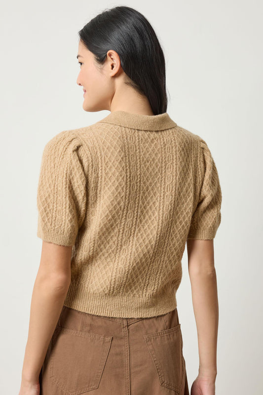 Mixed Stitch Elbow Sleeve Polo Womens Sweater Birch A2